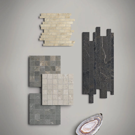 Lea Ceramiche Anthology 'Dark Muretto', Muretto plat neergelegd naast Mosaico Break en Mosaico 36 in andere kleuren