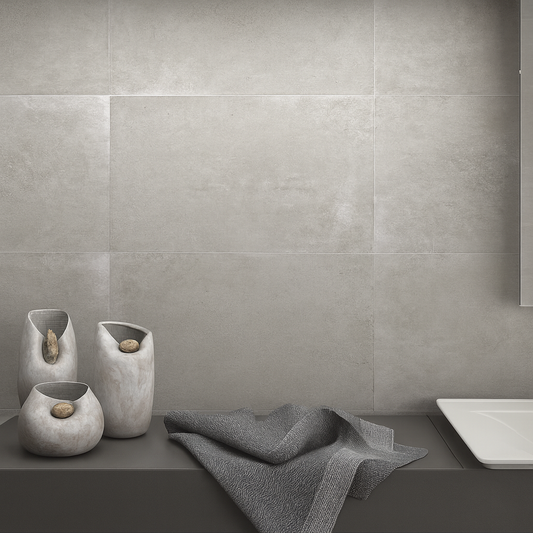 Cerpa Cerámica Beton 'Gris', grijze betonlook wandtegels boven een donker wastafelblad met witte waskom en stenen vaasjes
