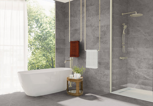 Wandtegel Pietra Antica antraciet satijnglans reliëf 33x100cm gerectificeerd