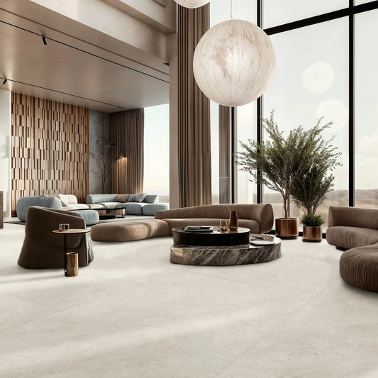 EnergieKer Heritage 'Cornsilk', crème vloertegels 120x120cm in een hoge lounge met ronde hanglampen en bruine banken