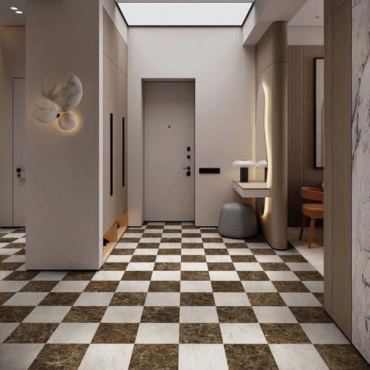 EnergieKer Imperial 'Emperador', dambordvloer van 30x30 met Taj Mahal Shell in een lichte hal