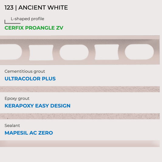 Mapei kleurstaal nr. 123 ancient white met Cerfix Proangle, Ultracolor Plus, Kerapoxy Easy Design en Mapesil AC