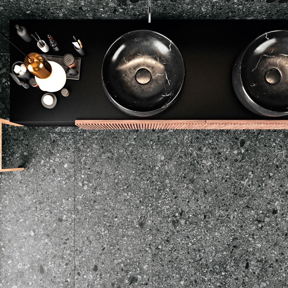 Vloertegel Ceppo di gré antraciet terrazzo 90x90cm gerectificeerd