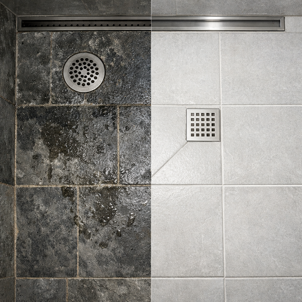 Douchevloer met natuursteen en keramiek ter vergelijking – MisterTile