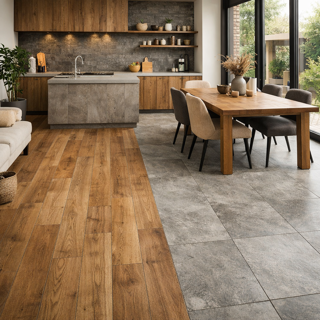 Sfeervolle woonkeuken met keramische hout- en steenlook tegels – MisterTile