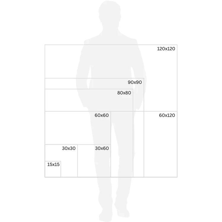Silhouet van een persoon naast tegels in verschillende formaten om de schaal te vergelijken