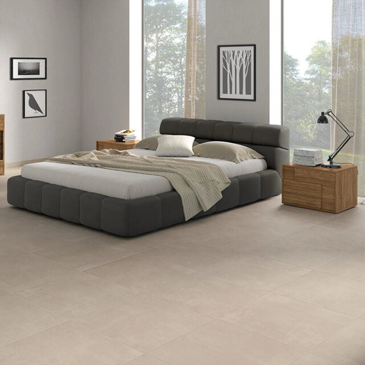 Galaxy van Ceramica Valsecchia, beige vloertegels in een slaapkamer met houten kast