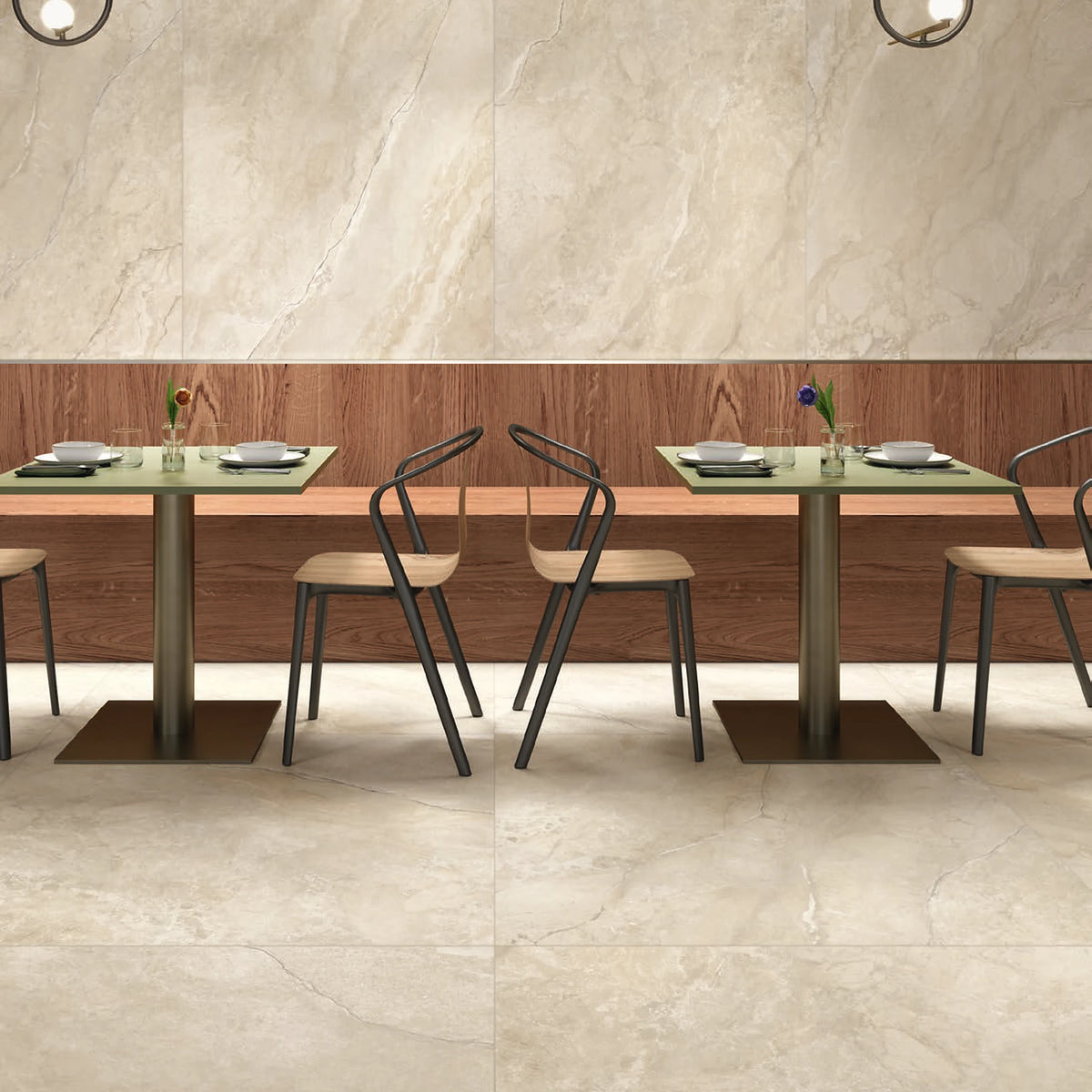 Lea Ceramiche Anthology 'Desert Worn', restaurant met wand in 120x278 en vloer in 120x120 platen
