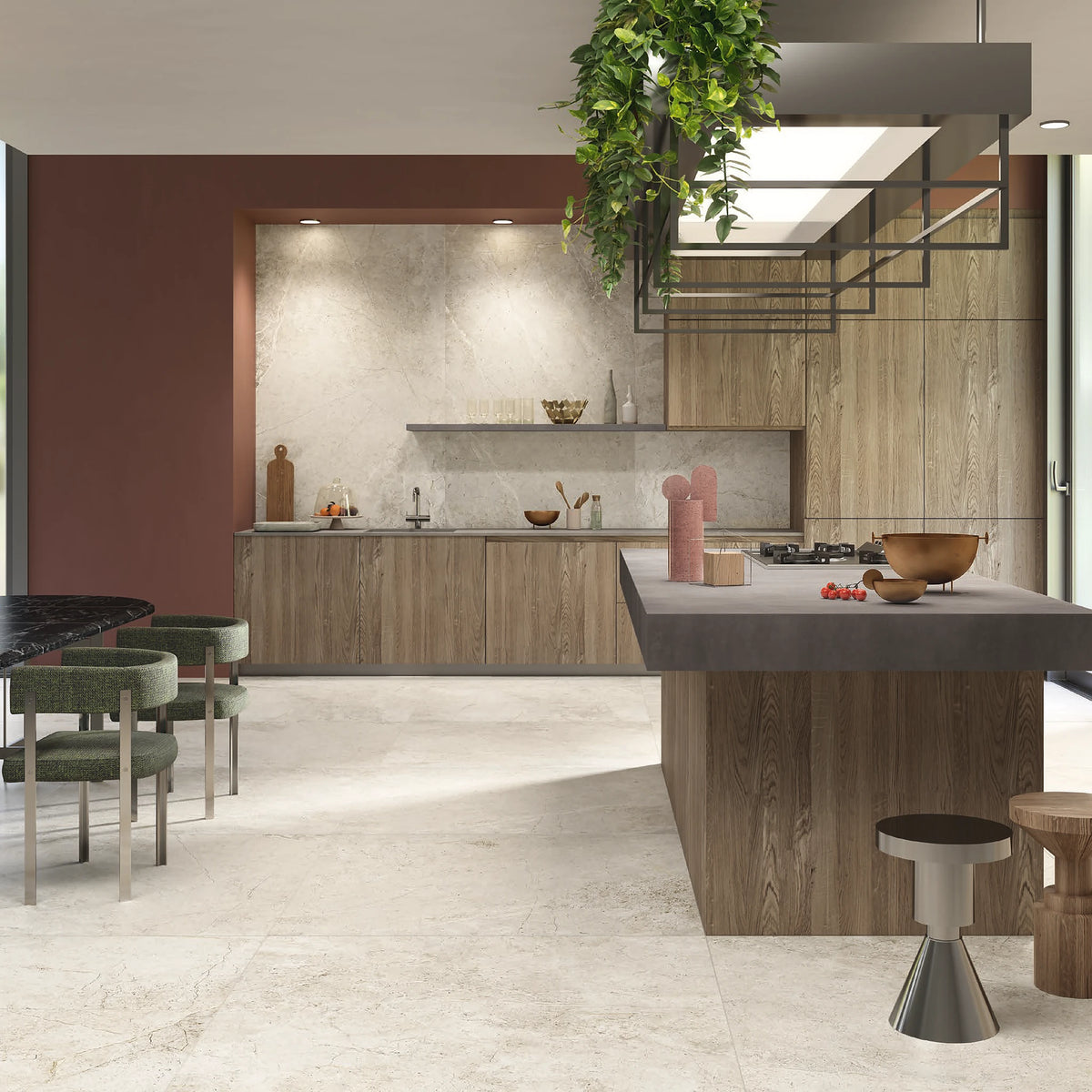 Lea Ceramiche Anthology 'White Worn', keuken met vloer in 120x120 en wand in 120x278 platen