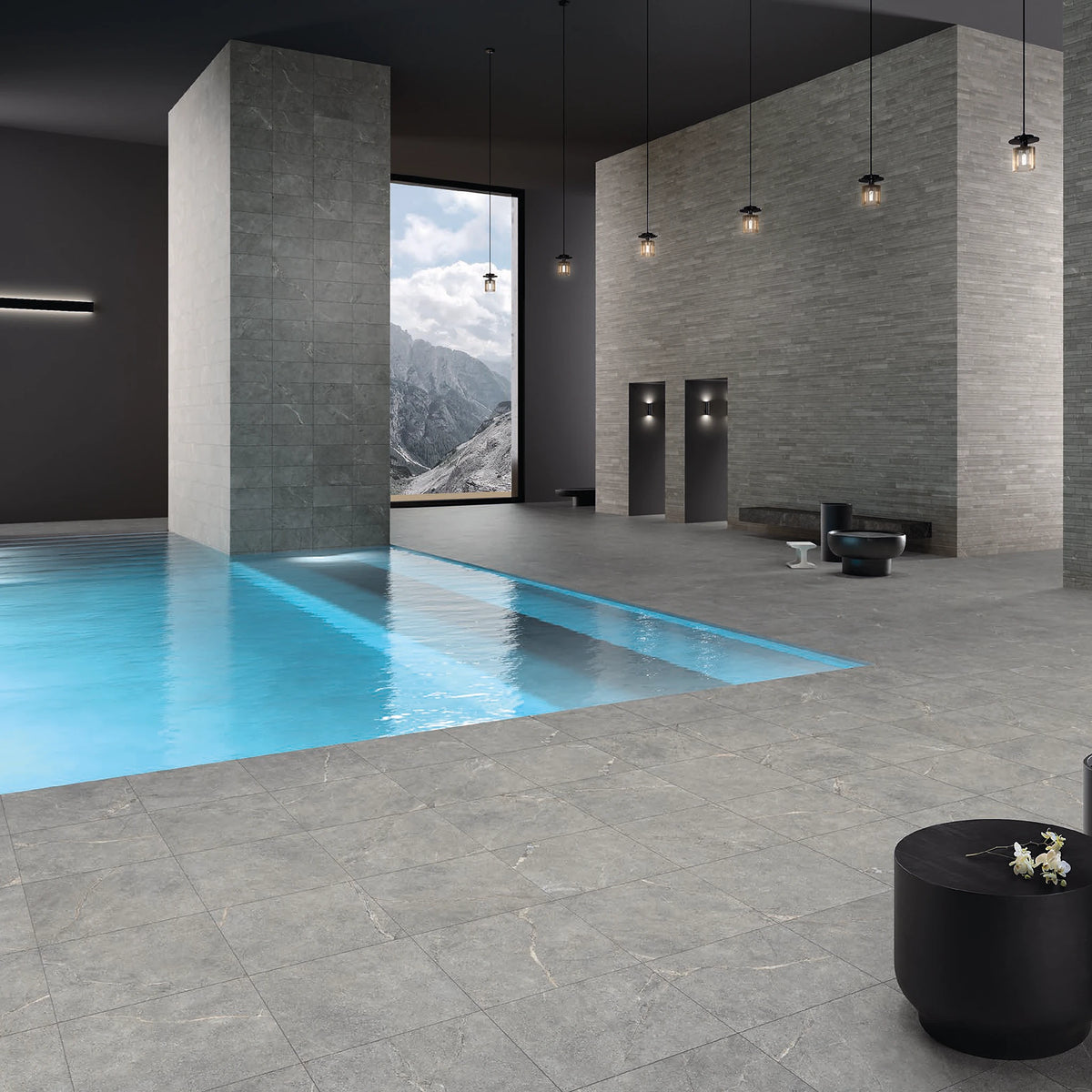Lea Ceramiche Anthology 'Gray Worn Mosaico Break', Natural 60x60 rond een binnenzwembad, Muretto en 30x60 op de wanden