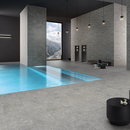 Lea Ceramiche Anthology 'Gray Worn', Natural 60x60 rond een binnenzwembad, Muretto en 30x60 op de wanden