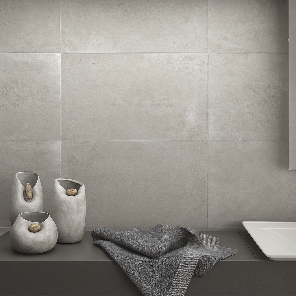 Cerpa Cerámica Beton 'Gris', grijze betonlook wandtegels boven een donker wastafelblad met witte waskom en stenen vaasjes