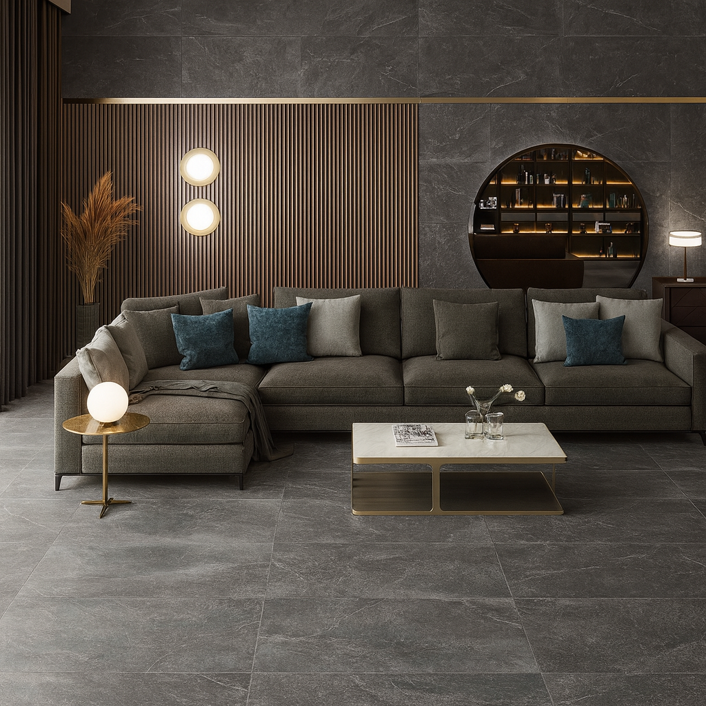 Keraben Bleuemix 'Black Soft', antracieten marmerlook vloer- en wandtegels in een donkere woonkamer met houten lamellenwand