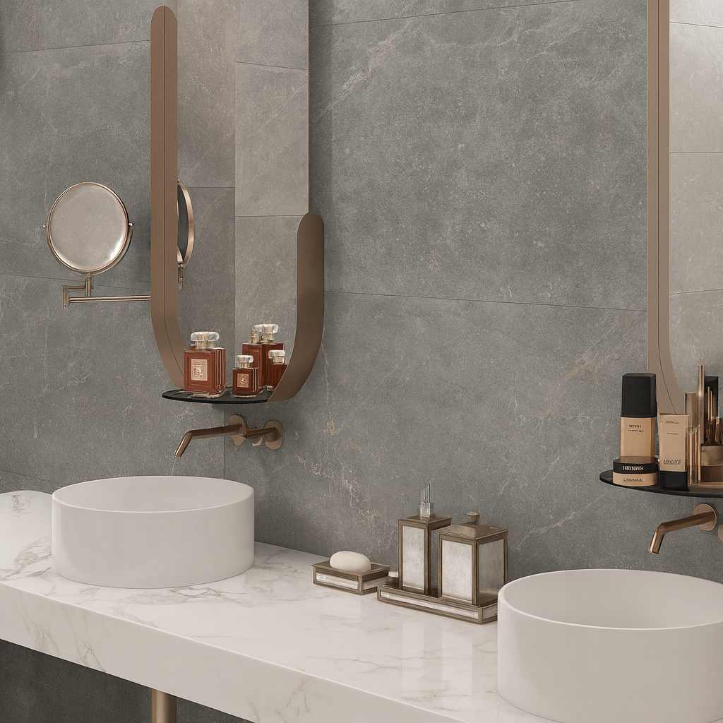 Keraben Bleuemix 'Grey Soft', grijze marmerlook wandtegels in een badkamer met twee ronde witte opzetkommen en bronzen kranen