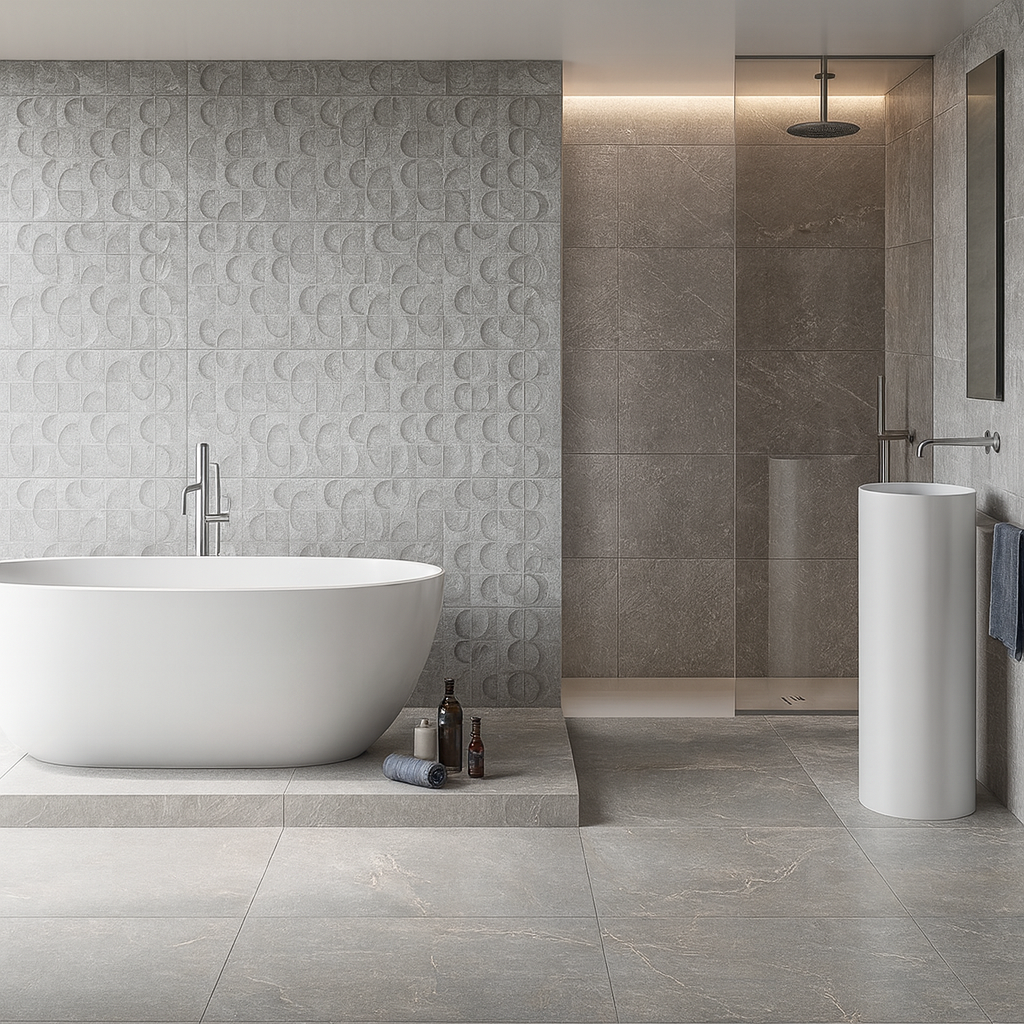 Keraben Bleuemix 'Grey Soft', grijze vloertegels in een badkamer met vrijstaand bad, reliëfwandtegels en een inloopdouche