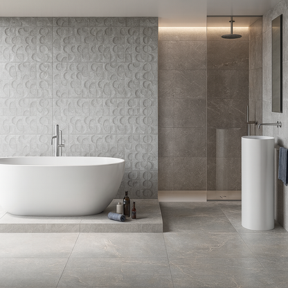 Keraben Bleuemix 'Grey Soft', grijze vloertegels in een badkamer met vrijstaand bad, reliëfwandtegels en een inloopdouche