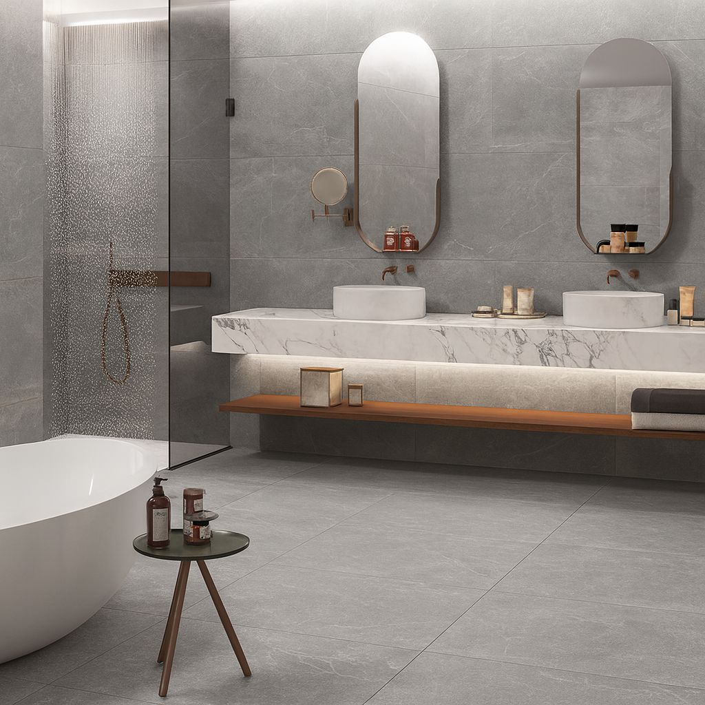 Keraben Bleuemix 'Grey Soft', grijze marmerlook vloer- en wandtegels in een badkamer met dubbele wastafel en ovale spiegels