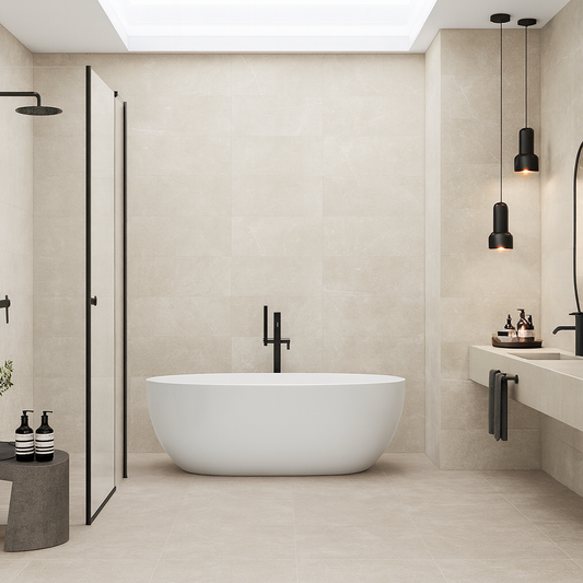 Keraben Bleuemix 'Taupe Soft', taupe vloer- en wandtegels in een badkamer met vrijstaand bad, hanglampen en een daklicht