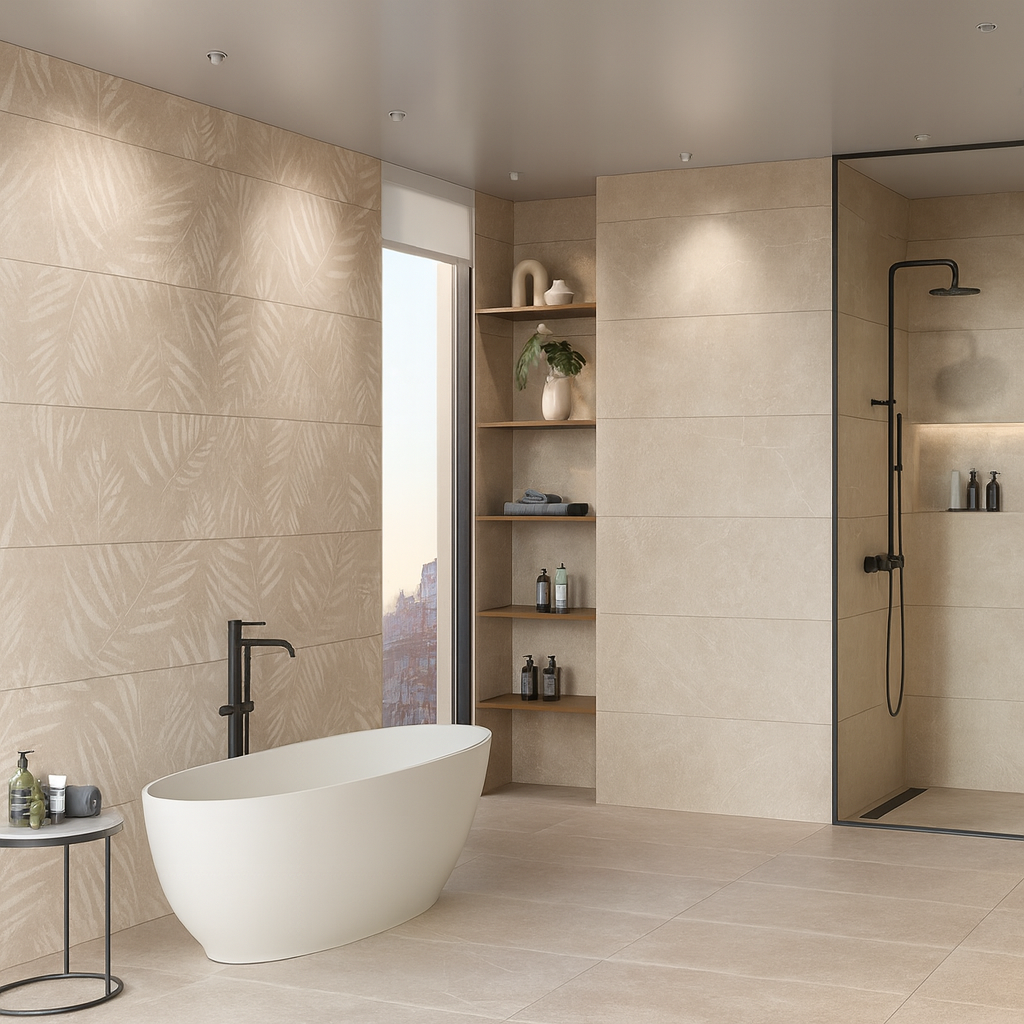 Keraben Bleuemix 'Taupe Soft', taupe vloertegels in een badkamer met vrijstaand bad, een bladmotiefwand en inloopdouche