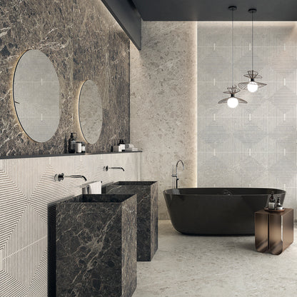 La Platera Caprice 'Black', donkere marmerlook wandtegels 60x120cm met ronde spiegels en wastafelblokken in een badkamer