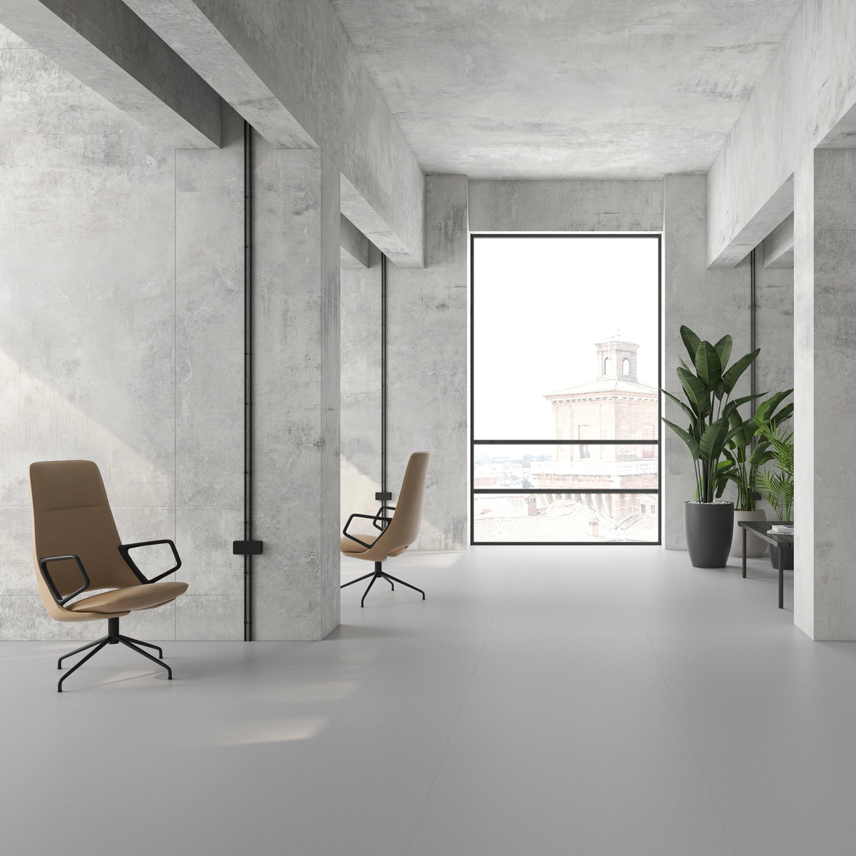 Argenta Cerámica Carpenter 'Pearl', lichtgrijze vloertegels in een kantoorlobby met betonlook kolommen