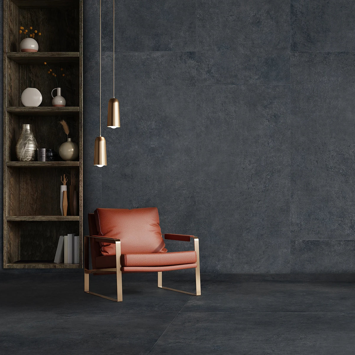 EnergieKer Corsocomo 'Midnight', antraciet wand en vloer van grote tegels met een rode leren fauteuil
