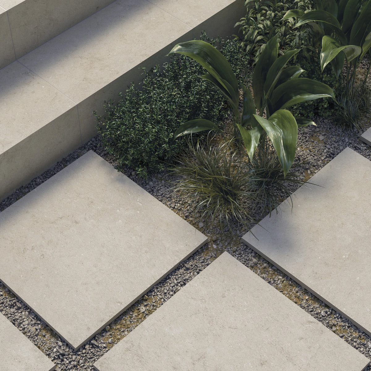 Cifre Cronos 'Cream', crème buitentegels 60x60 van 2 cm als stapstenen in grind tussen planten