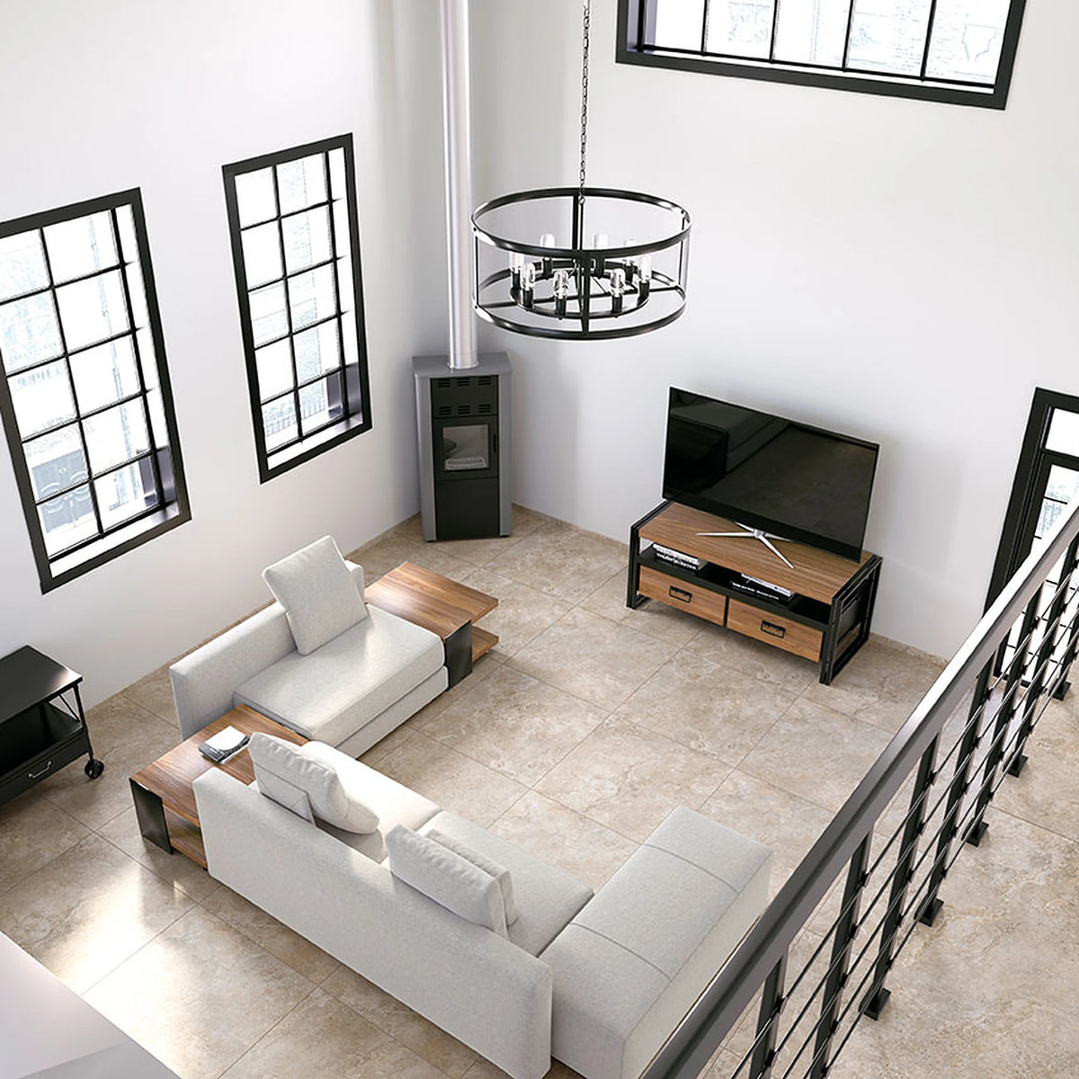 Tuscania Dolomia Stone 'Almond', beige vloertegels, hier 90x90cm, in een woonkamer met witte hoekbank en trapleuning