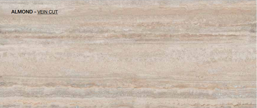 Tuscania Dolomia Stone 'Almond Vein', beige travertijnlook tegel met horizontale aders en het opschrift ALMOND - VEIN CUT