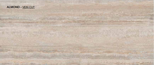 Tuscania Dolomia Stone 'Almond Vein', beige travertijnlook tegel met horizontale aders en het opschrift ALMOND - VEIN CUT