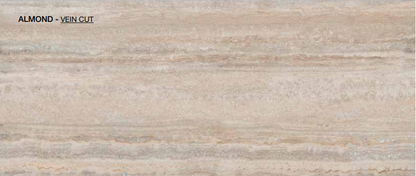 Tuscania Dolomia Stone 'Almond Vein', beige travertijnlook tegel met horizontale aders en het opschrift ALMOND - VEIN CUT