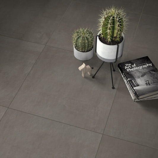 Ceramica Valsecchia Galaxy 'Dark', donkergrijze betonlook vloertegels van bovenaf met cactussen in potten en een fotoboek