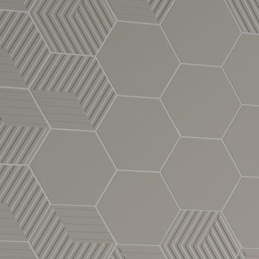 Argenta Cerámica Gallery 'Taupe', close-up van taupe zeshoekige wandtegels, glad en deels Cube met lijnreliëf
