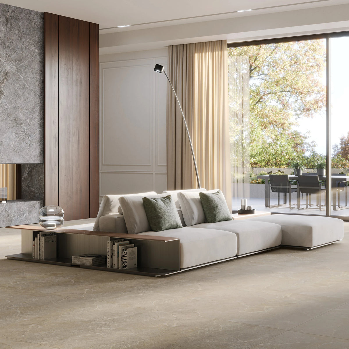 EnergieKer Genesis 'Cocoa', beige vloertegels 60x120cm in een woonkamer met witte bank en schuifpui