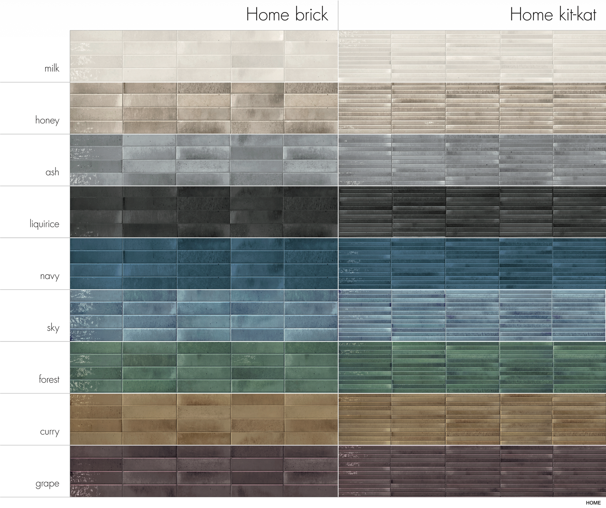 Keradom Home 'Liquirice', kleurenoverzicht van de Home-serie in Brick en Kit-Kat met alle negen kleuren