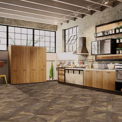 Tuscania Intarsio 'Moro', bruine houtlook vloertegels met vlechtpatroon in een industriële loftkeuken met kasten