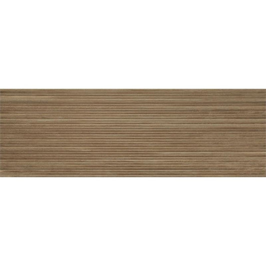 Baldocer Cerámica Larchwood 'Ipe', wandtegel bruin mat reliëf horizontaal gestreept gerectificeerd 40x120cm