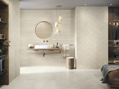 Baldocer Cerámica Larchwood 'Zig Maple', crèmekleurige houtlook wandtegels in een badkamer met ronde spiegel