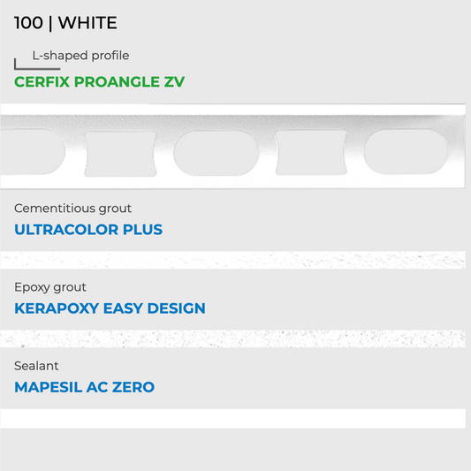 Mapei kleurstaal nr. 100 wit met Cerfix Proangle, Ultracolor Plus, Kerapoxy Easy Design en Mapesil AC
