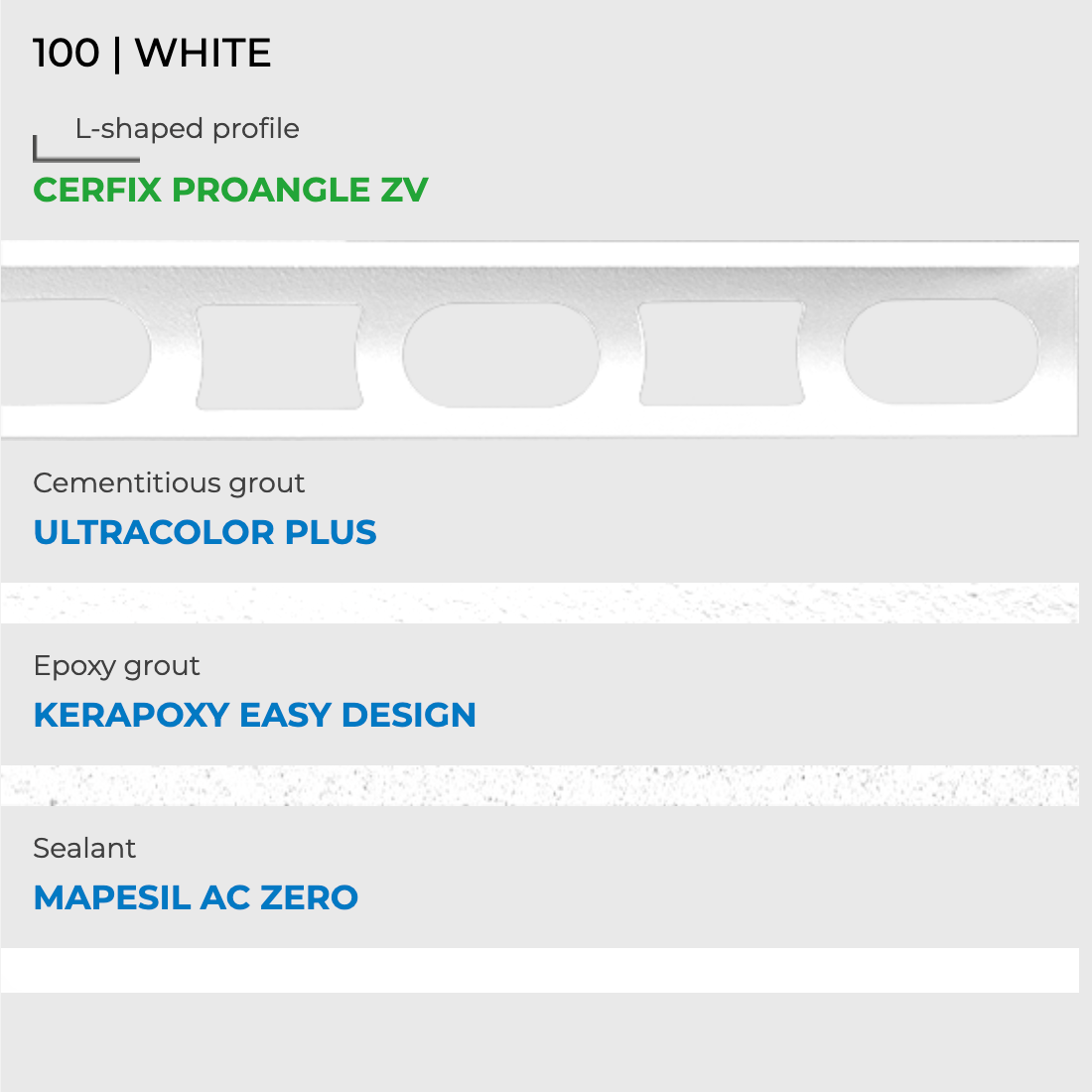 Mapei kleurstaal nr. 100 wit met Cerfix Proangle, Ultracolor Plus, Kerapoxy Easy Design en Mapesil AC