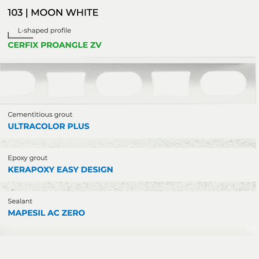 Mapei kleurstaal nr. 103 maanwit met Cerfix Proangle, Ultracolor Plus, Kerapoxy Easy Design en Mapesil AC