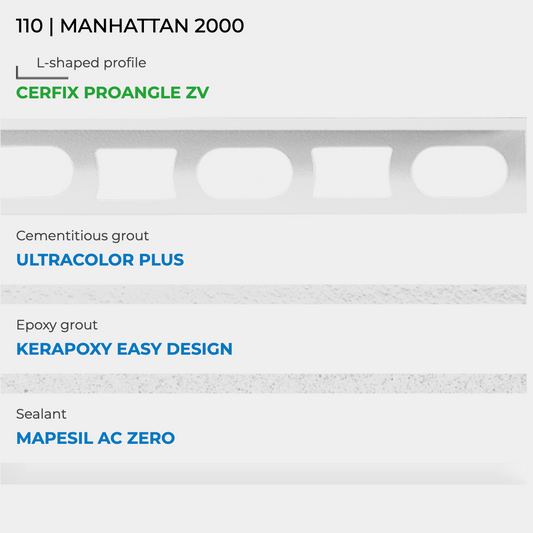 Mapei kleurstaal nr. 110 Manhattan 2000 met Cerfix Proangle, Ultracolor Plus, Kerapoxy Easy Design en Mapesil AC