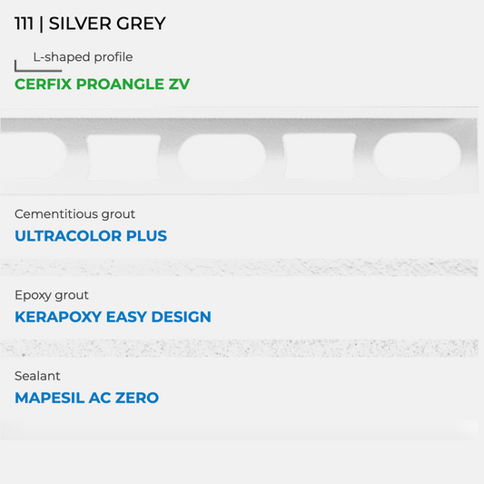 Mapei kleurstaal nr. 111 zilvergrijs met Cerfix Proangle, Ultracolor Plus, Kerapoxy Easy Design en Mapesil AC