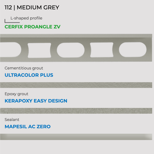 Mapei kleurstaal nr. 112 middengrijs met Cerfix Proangle, Ultracolor Plus, Kerapoxy Easy Design en Mapesil AC