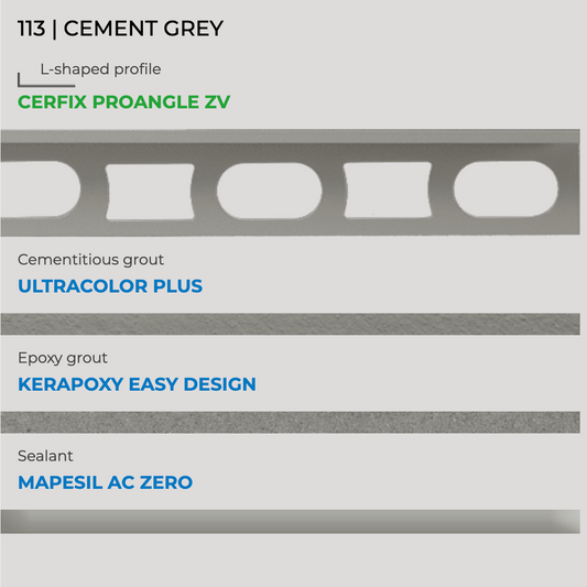 Mapei kleurstaal nr. 113 cementgrijs met Cerfix Proangle, Ultracolor Plus, Kerapoxy Easy Design en Mapesil AC