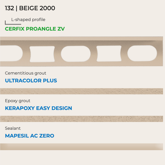 Mapei kleurstaal nr. 132 beige 2000 met Cerfix Proangle, Ultracolor Plus, Kerapoxy Easy Design en Mapesil AC