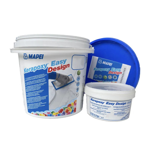 De twee emmers en het kleurzakje waaruit Mapei Kerapoxy Easy Design bestaat