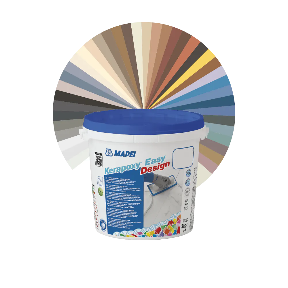 Emmer Mapei Kerapoxy Easy Design met een waaier van de beschikbare voegkleuren erachter
