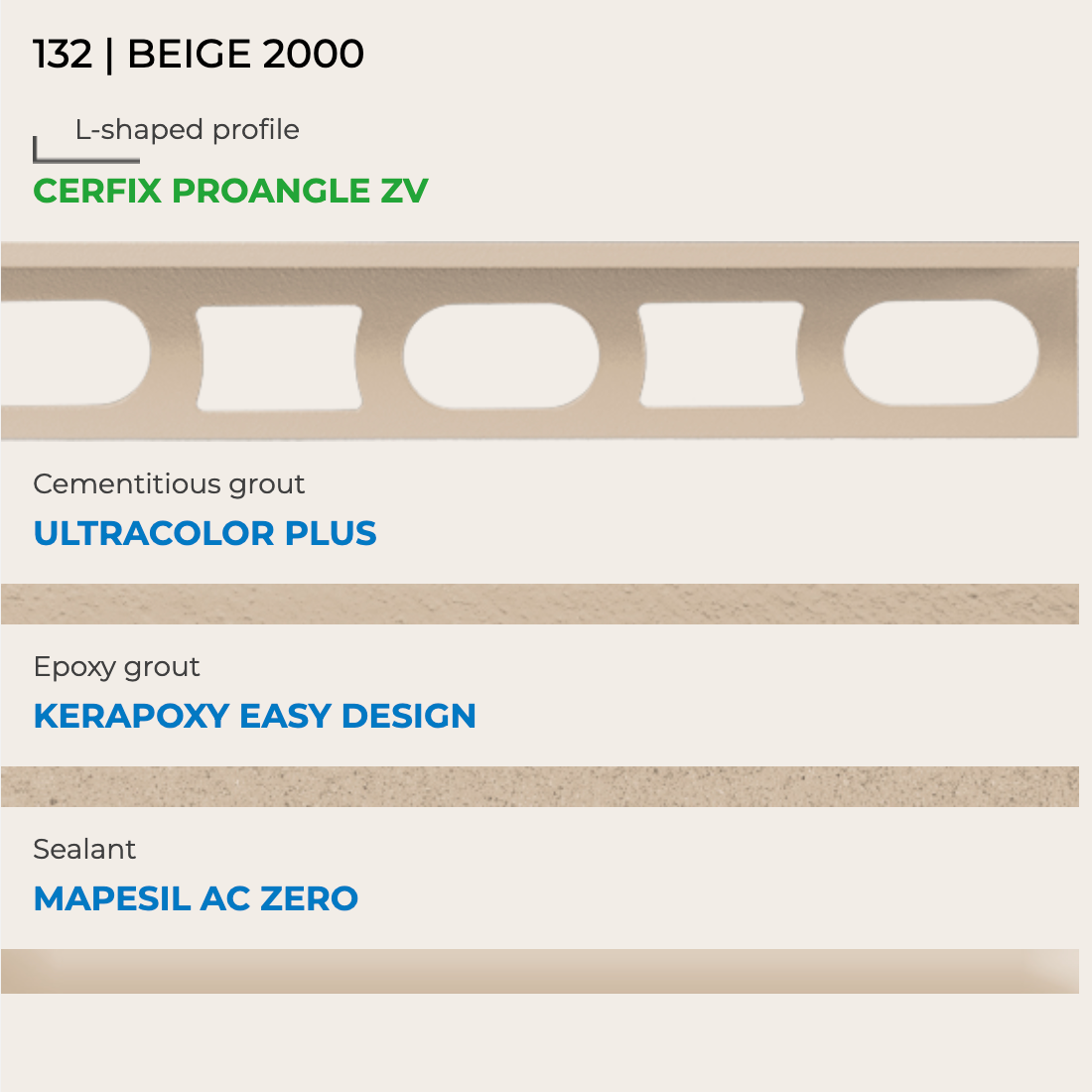 Mapei kleurstaal nr. 132 beige 2000 met Cerfix Proangle, Ultracolor Plus, Kerapoxy Easy Design en Mapesil AC