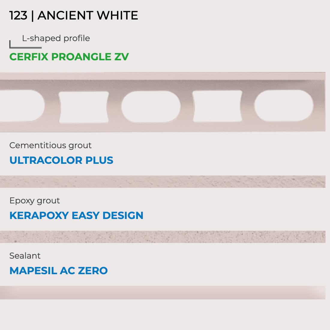 Mapei kleurstaal nr. 123 ancient white met Cerfix Proangle, Ultracolor Plus, Kerapoxy Easy Design en Mapesil AC